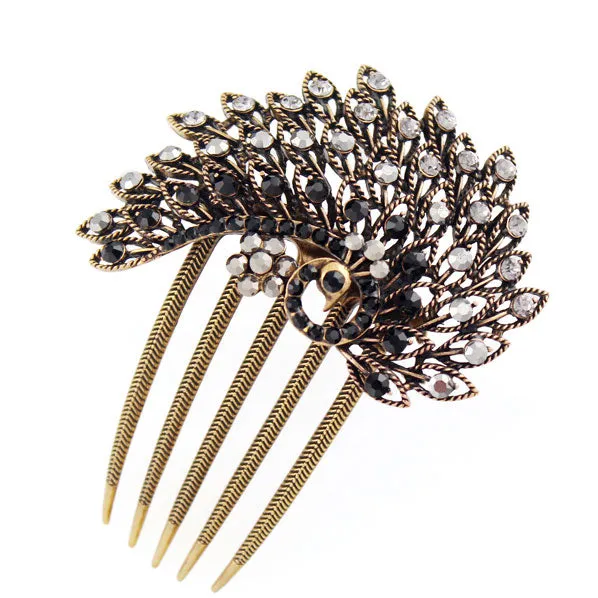 Rhinestone Peacock Antique Brass French Twist Comb