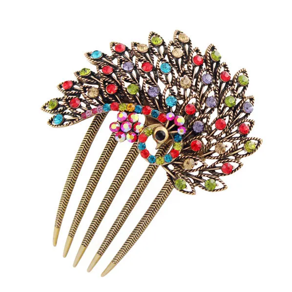 Rhinestone Peacock Antique Brass French Twist Comb
