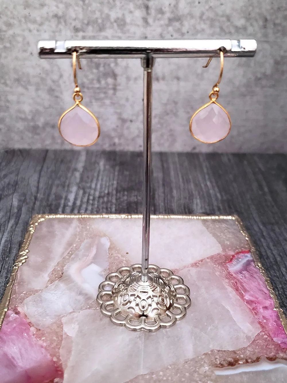 Rose Quartz Earrings - Pear Drop in Silver or 18K Gold over Silver
