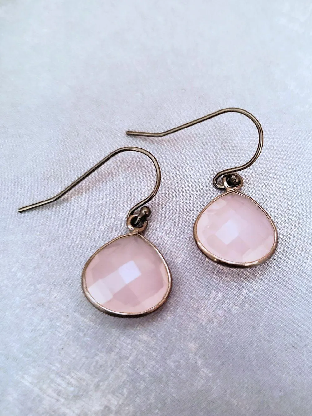 Rose Quartz Earrings - Pear Drop in Silver or 18K Gold over Silver