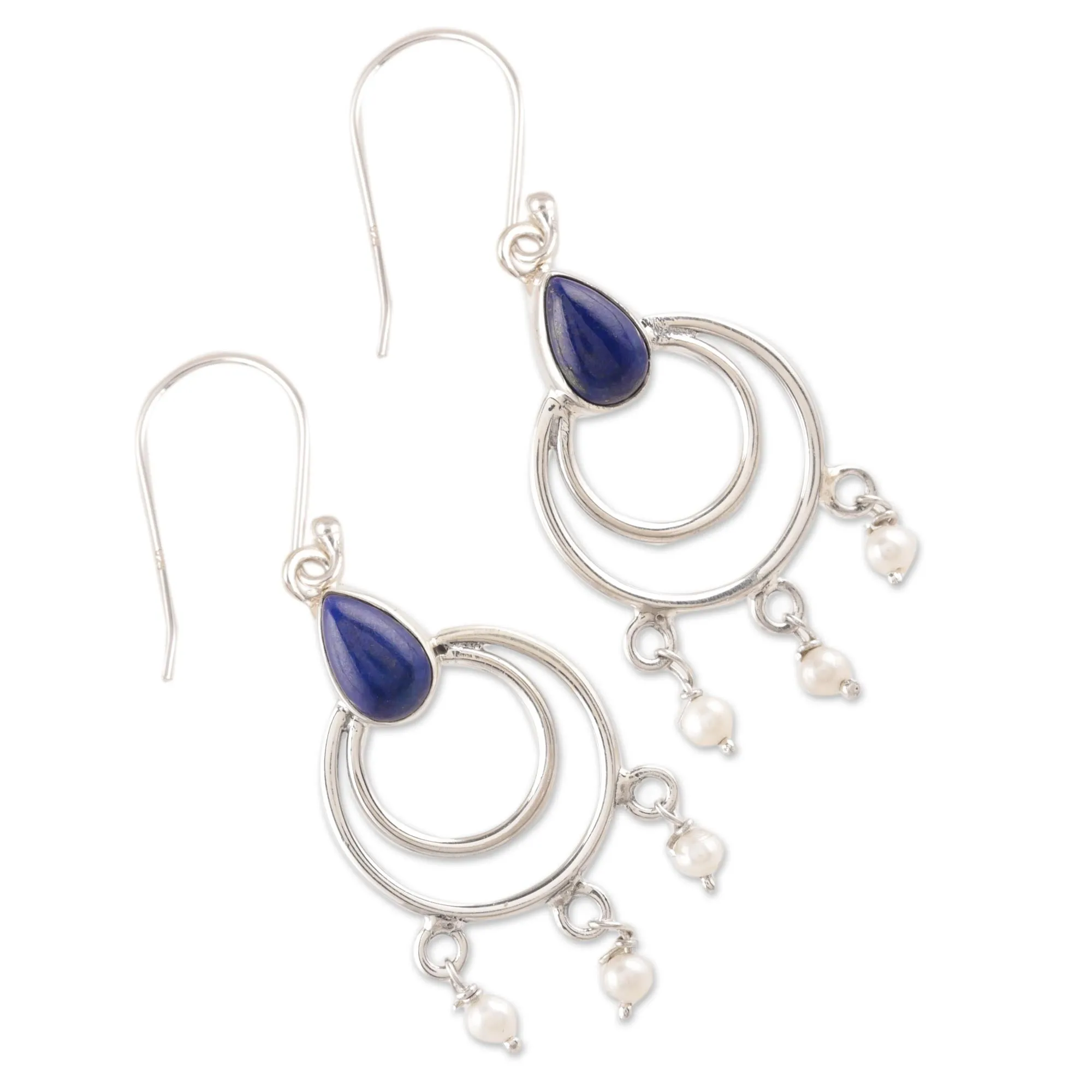 Royal Aesthetic Lapis Lazuli and Cultured Pearl Dangle Earrings from India