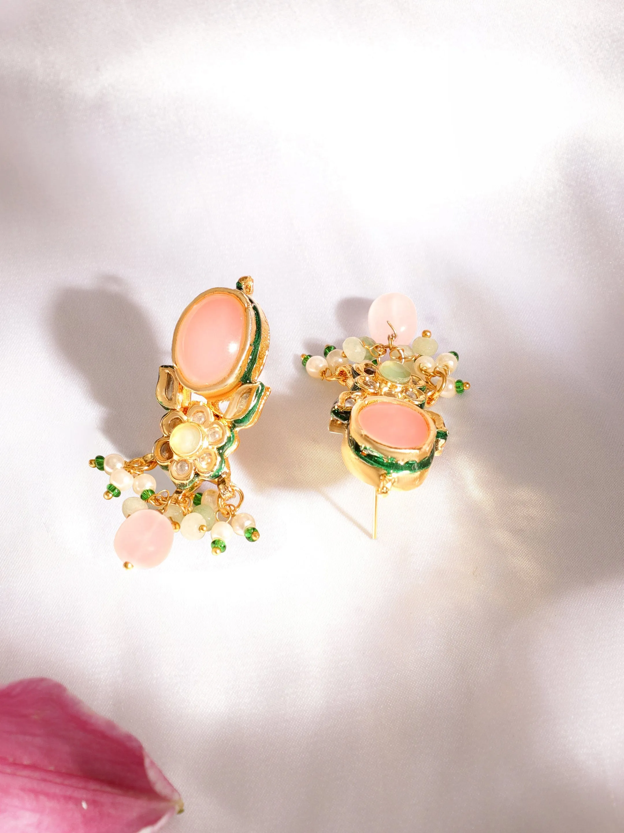 Rubans 22K Gold plated pastel pink gemstone with kundan and pearls regal Necklace set