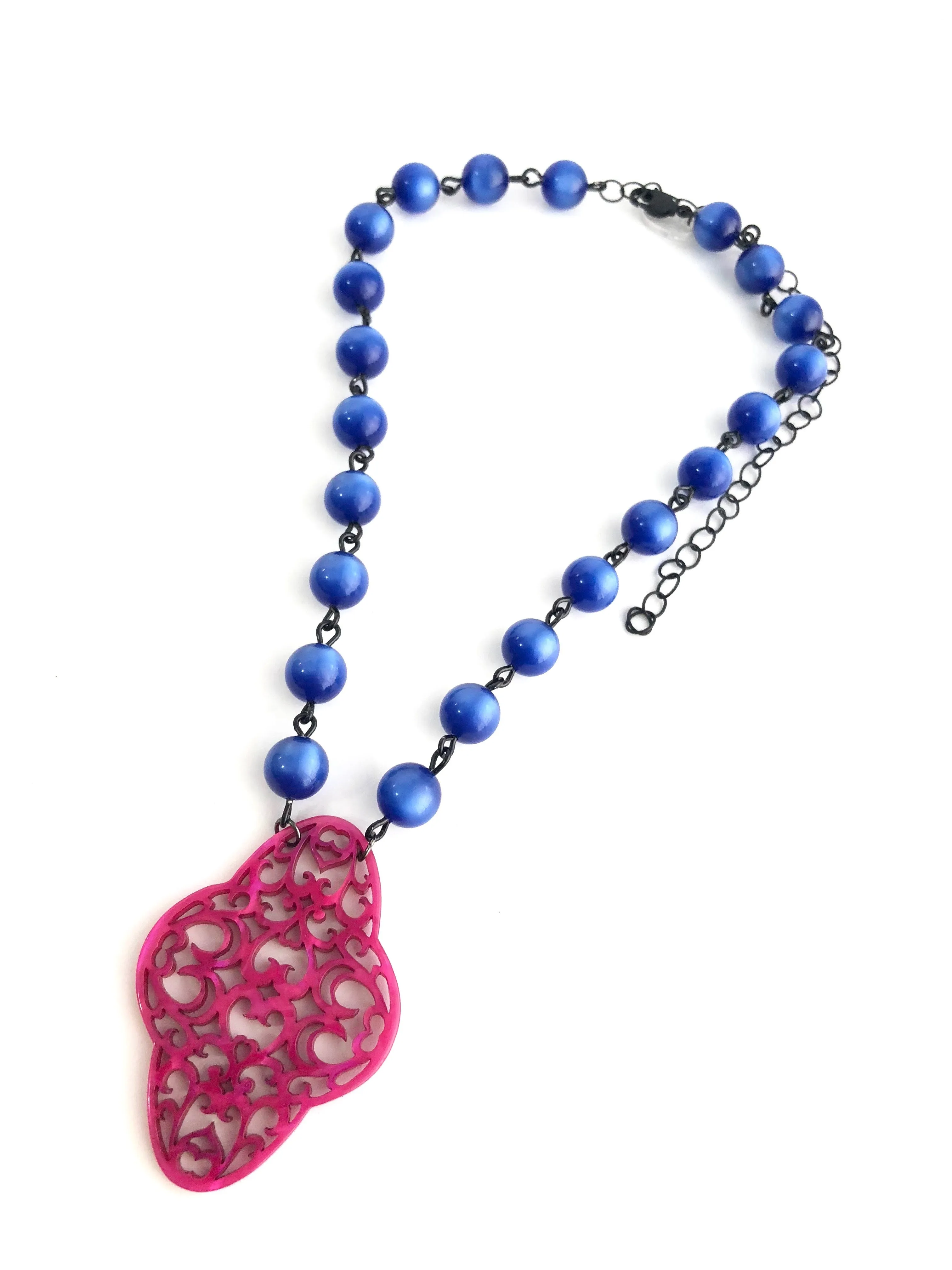 Sapphire Blue & Hot Pink Boho Lace Beaded Aleta Necklace