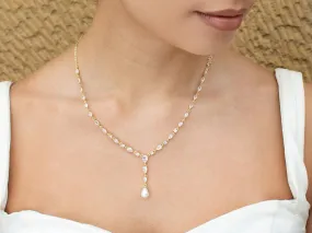Siena  - Delicate Crystal and Plunging Pearl Drop Bridal Necklace - Gold