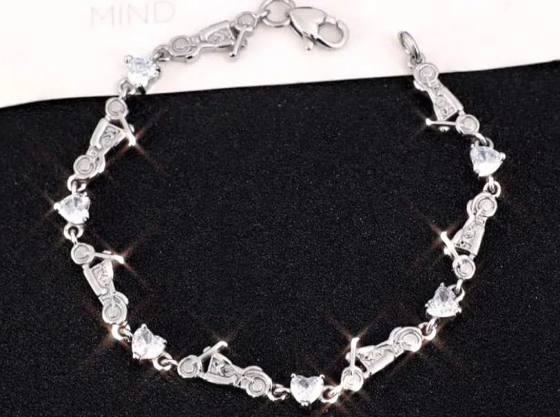 SK2707 Heart Crystal Motorcycle Bracelet - Clear Stone