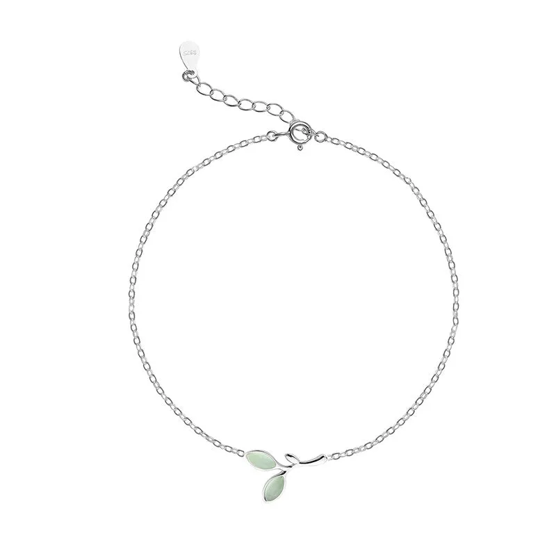 Small tender green leaf silver bracelet women