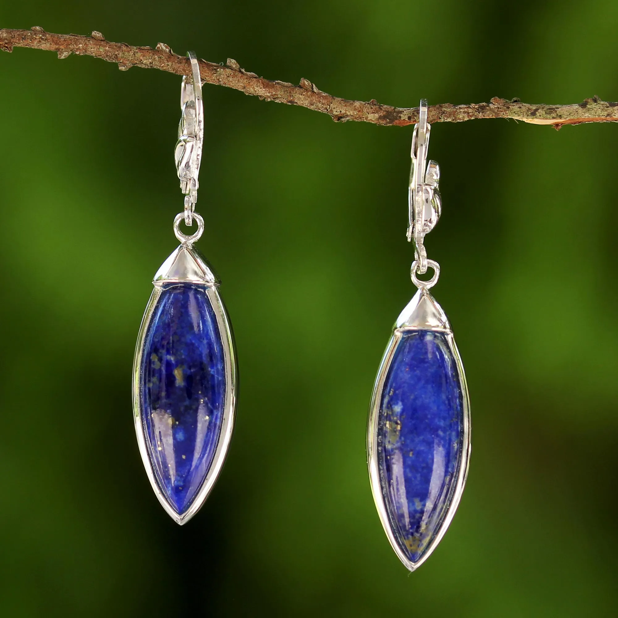 Spatial Blue Rhodium Plated Lapis Lazuli Dangle Earrings from Thailand