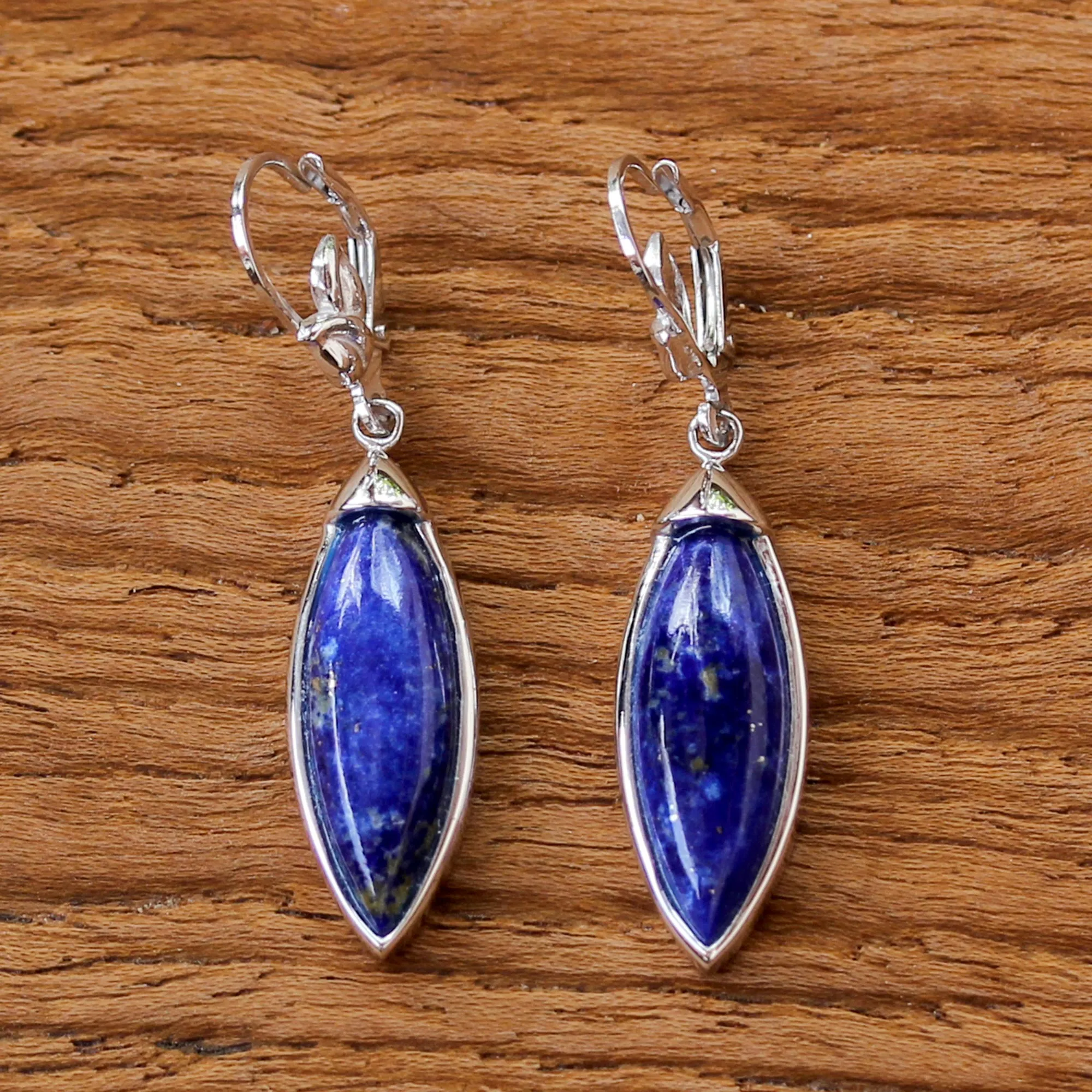 Spatial Blue Rhodium Plated Lapis Lazuli Dangle Earrings from Thailand