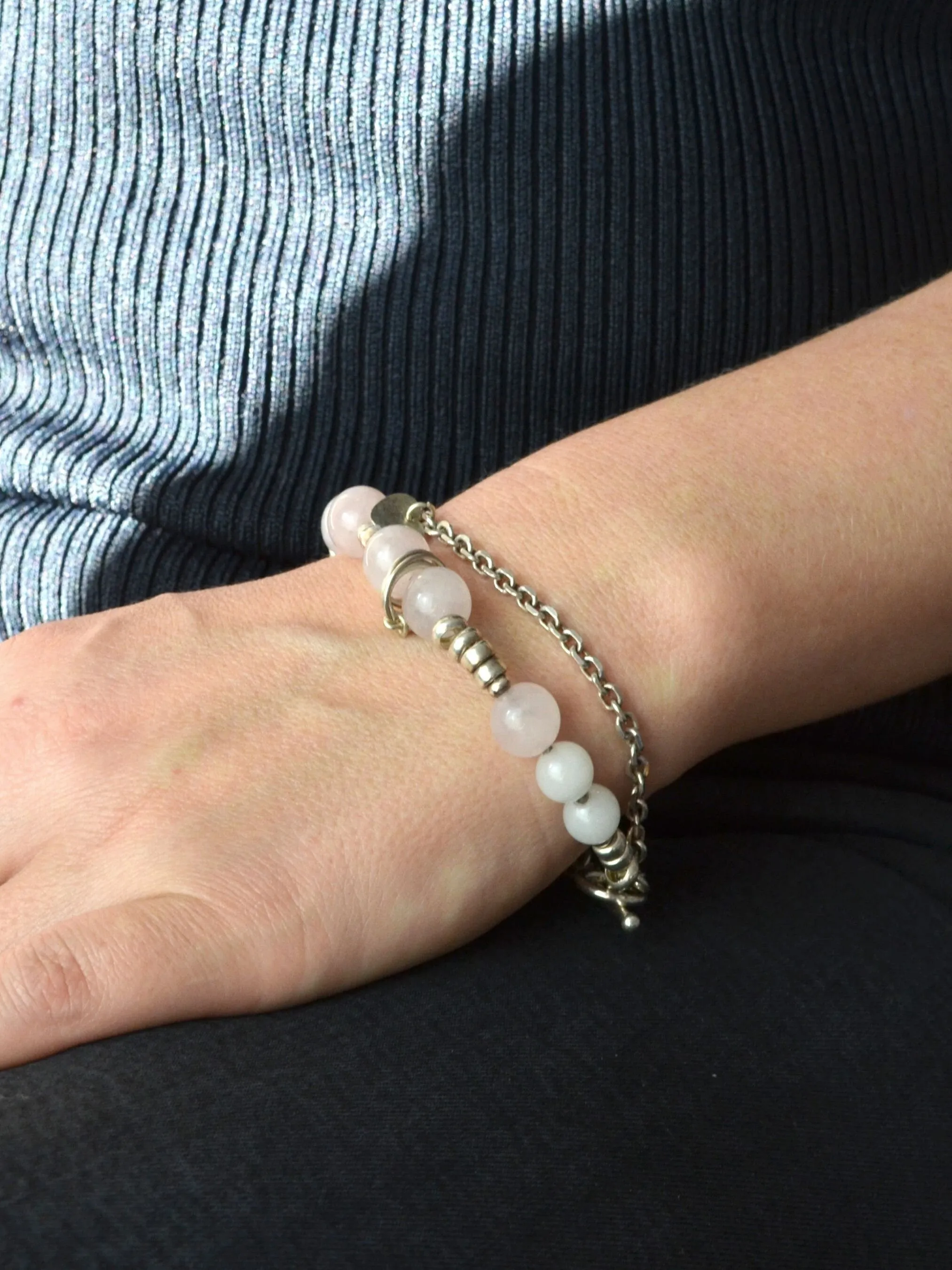 Sterling silver and pink quartz striking bracelet, love stone bracelet,  gift,
