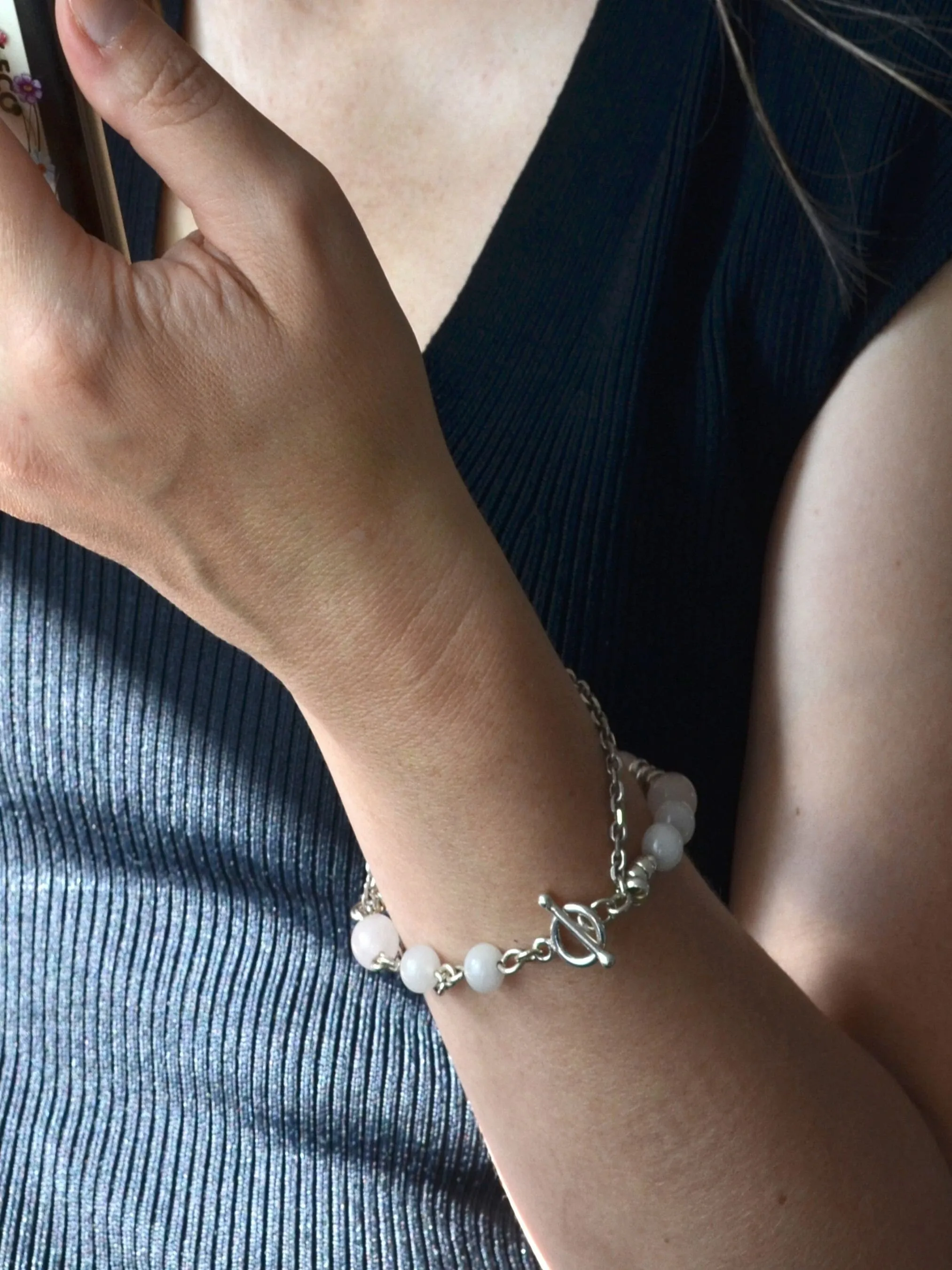 Sterling silver and pink quartz striking bracelet, love stone bracelet,  gift,