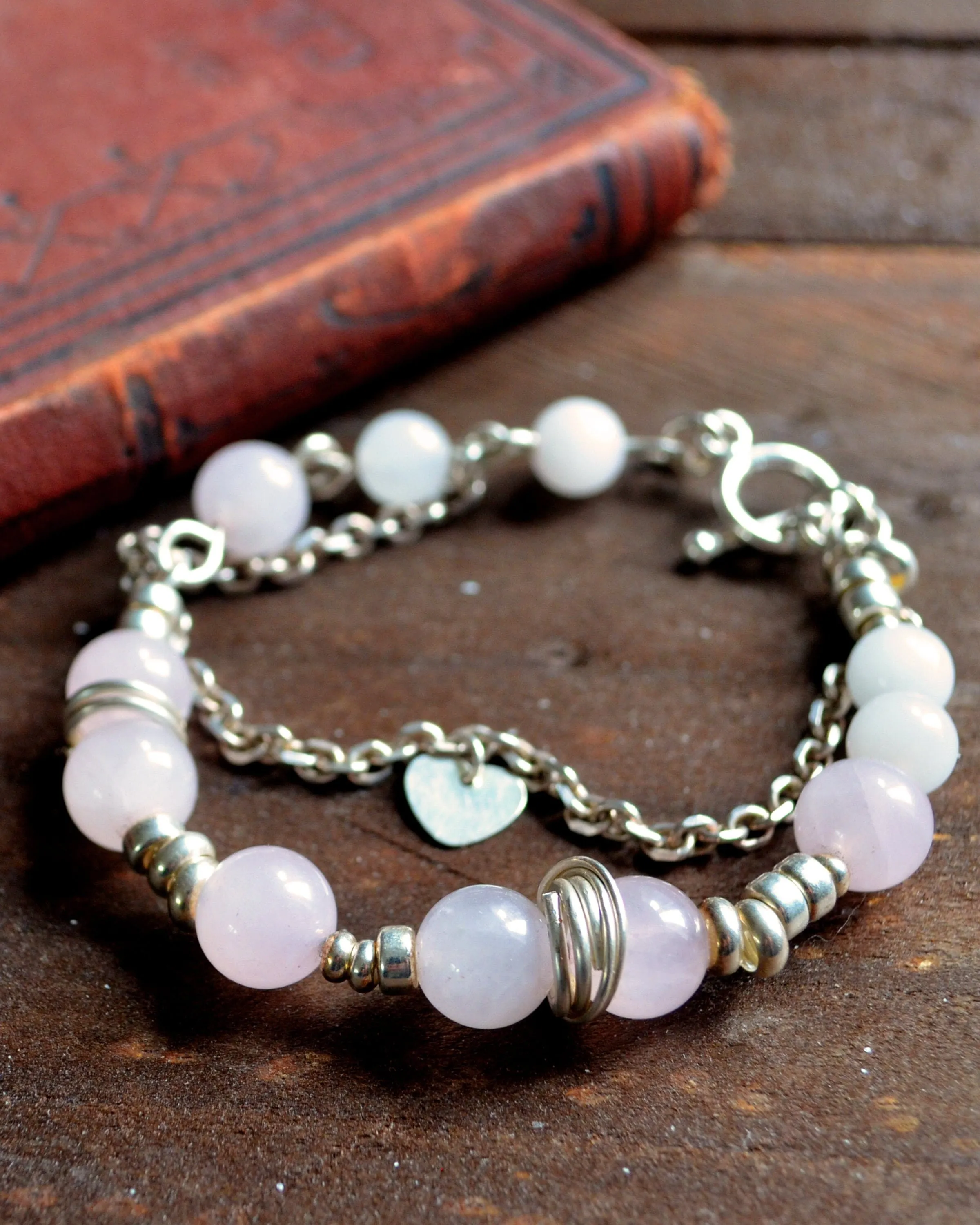 Sterling silver and pink quartz striking bracelet, love stone bracelet,  gift,