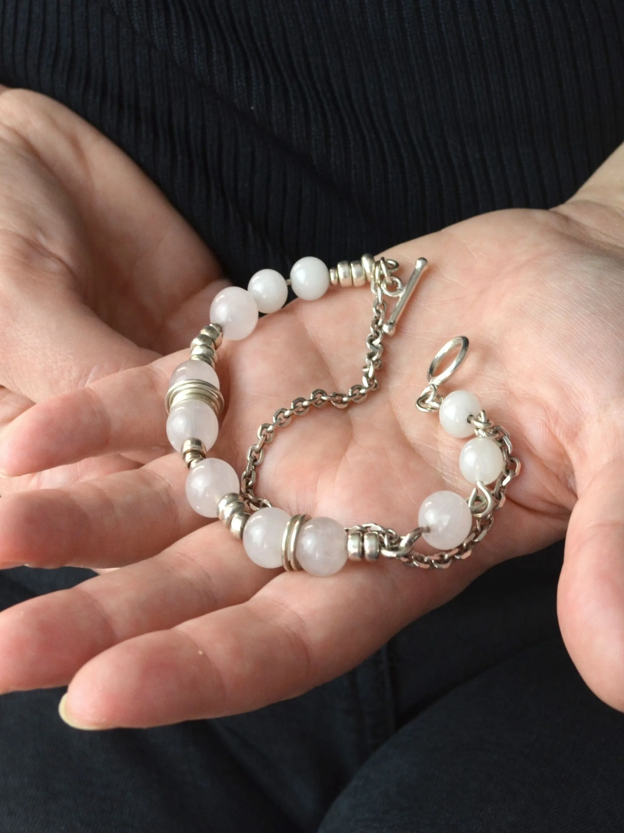 Sterling silver and pink quartz striking bracelet, love stone bracelet,  gift,
