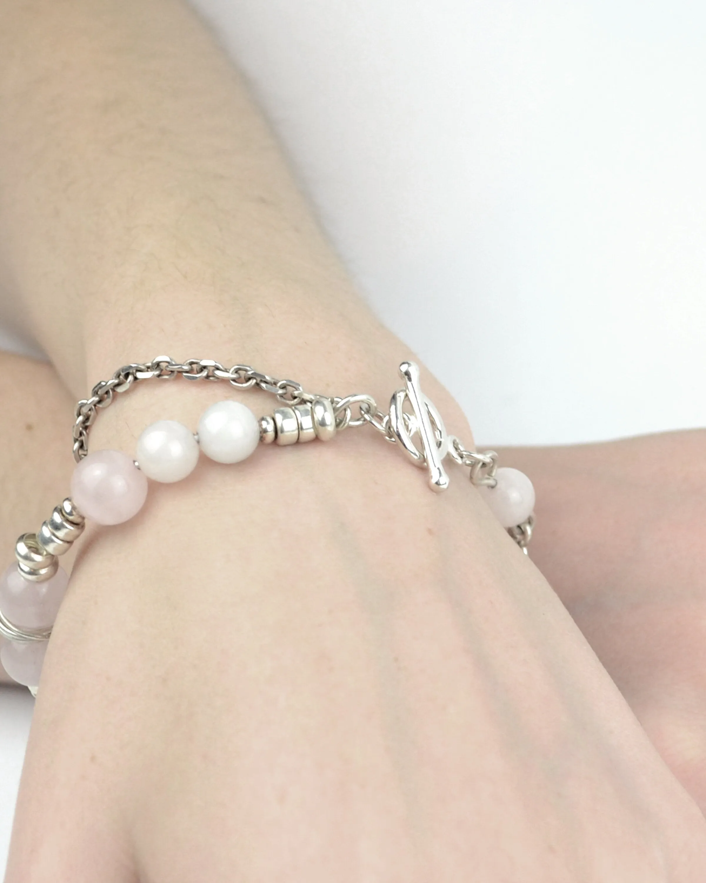 Sterling silver and pink quartz striking bracelet, love stone bracelet,  gift,
