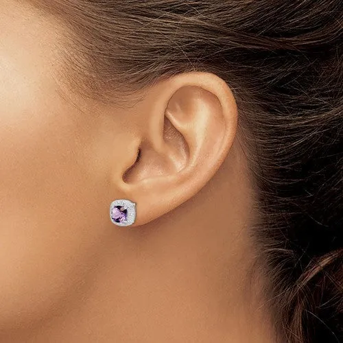 Sterling Silver Cushion 6mm Gemstone & Diamond Halo Post Earrings