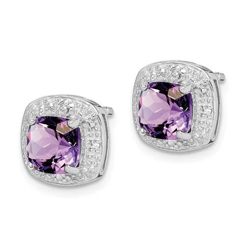 Sterling Silver Cushion 6mm Gemstone & Diamond Halo Post Earrings