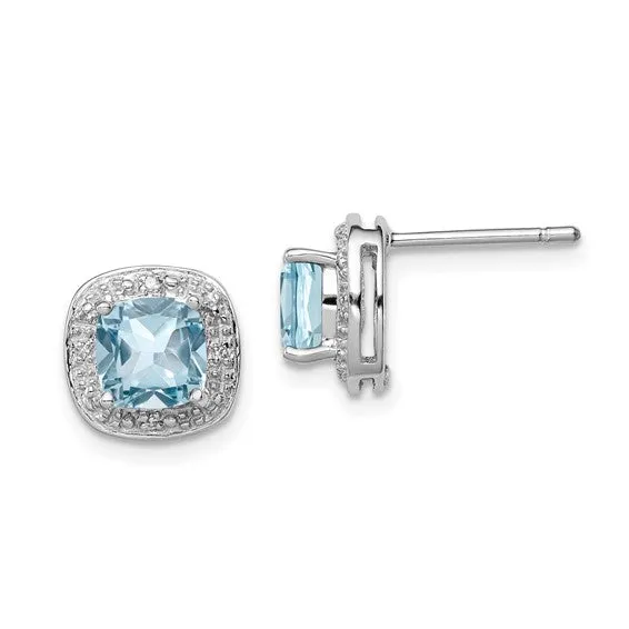Sterling Silver Cushion 6mm Gemstone & Diamond Halo Post Earrings