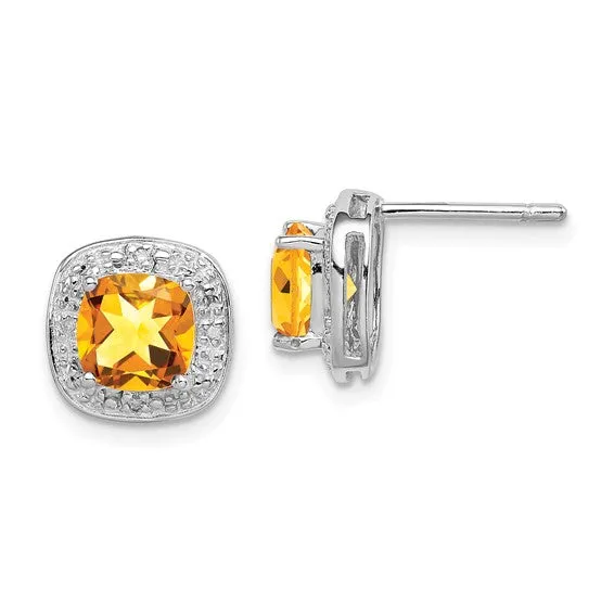 Sterling Silver Cushion 6mm Gemstone & Diamond Halo Post Earrings