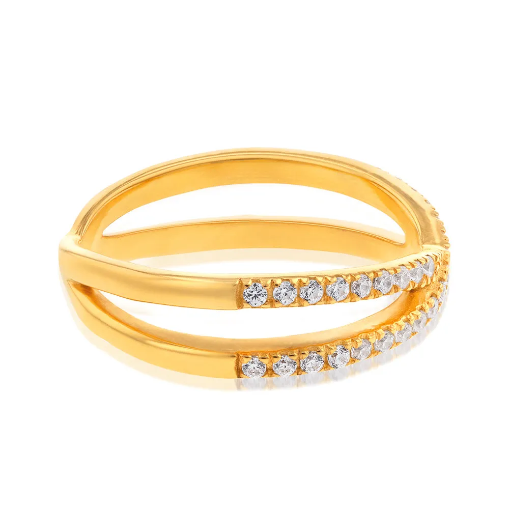 Sterling Silver Gold Plated Cubic Zirconia Cross Over Ring