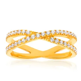 Sterling Silver Gold Plated Cubic Zirconia Cross Over Ring