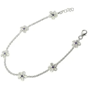 Sterling Silver Rope Chain Plumeria with Purple CZ Links Bracelet