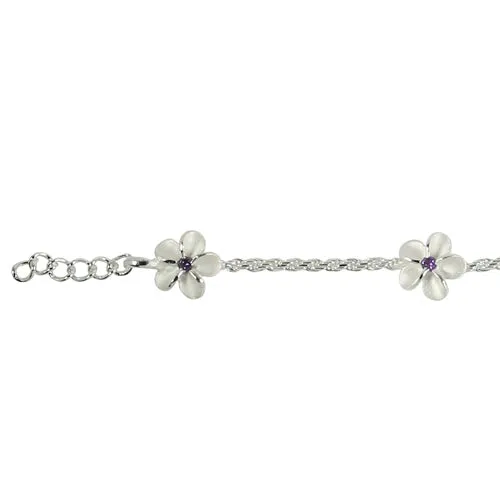 Sterling Silver Rope Chain Plumeria with Purple CZ Links Bracelet