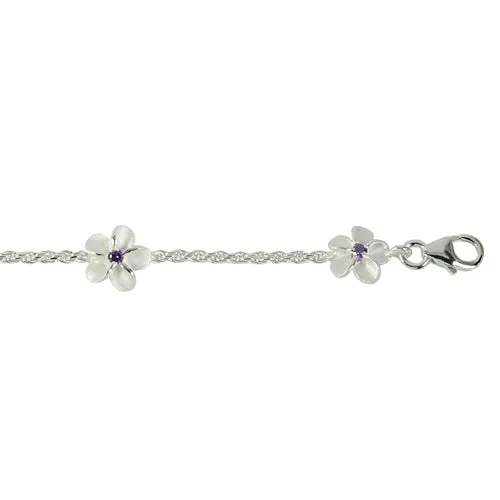Sterling Silver Rope Chain Plumeria with Purple CZ Links Bracelet