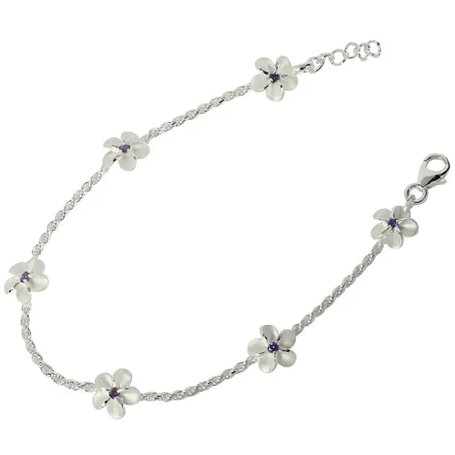 Sterling Silver Rope Chain Plumeria with Purple CZ Links Bracelet