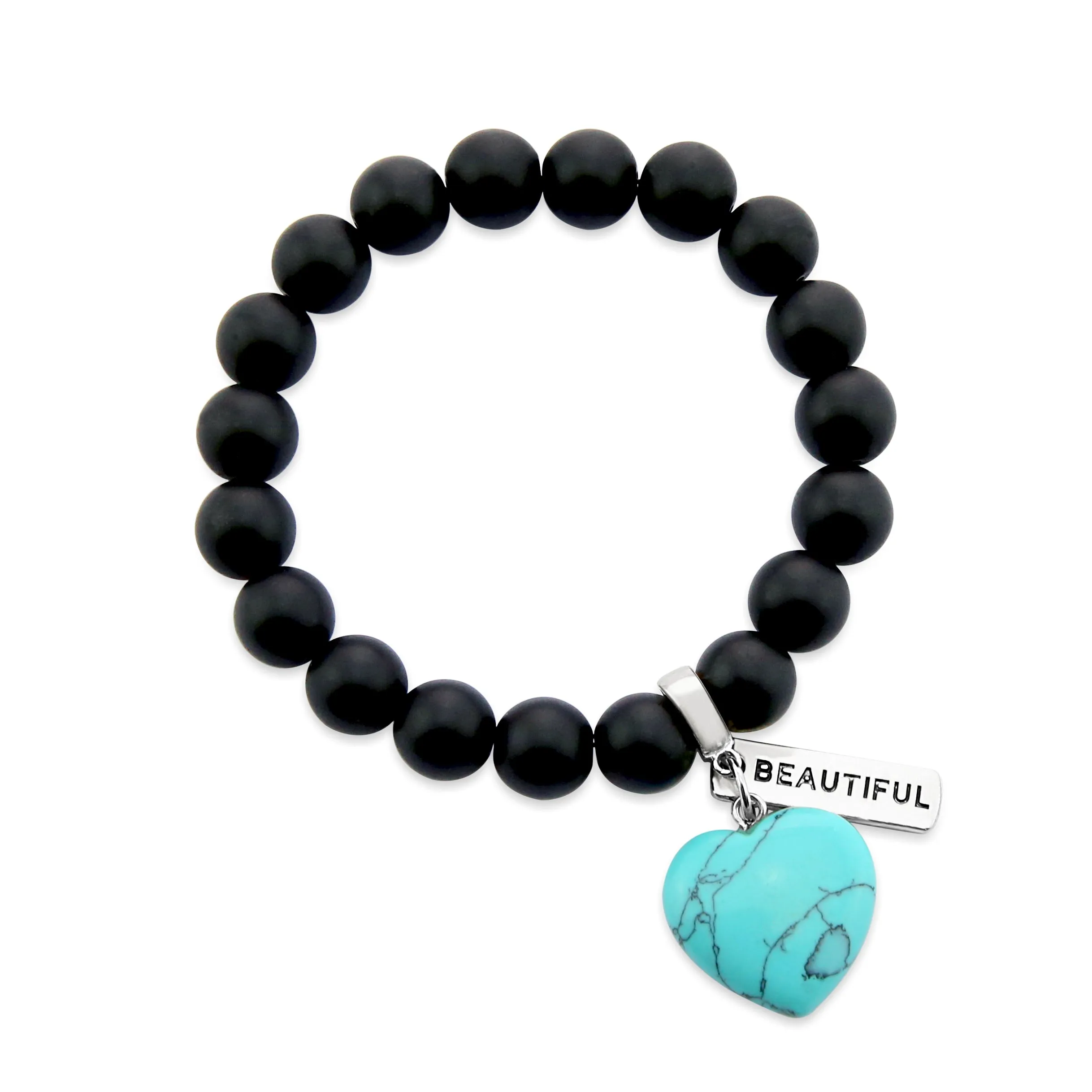 SWEETHEART Bracelet - 10mm MATT BLACK ONYX stone beads with TURQUOISE Heart & Word Charm
