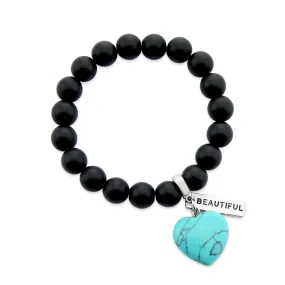 SWEETHEART Bracelet - 10mm MATT BLACK ONYX stone beads with TURQUOISE Heart & Word Charm
