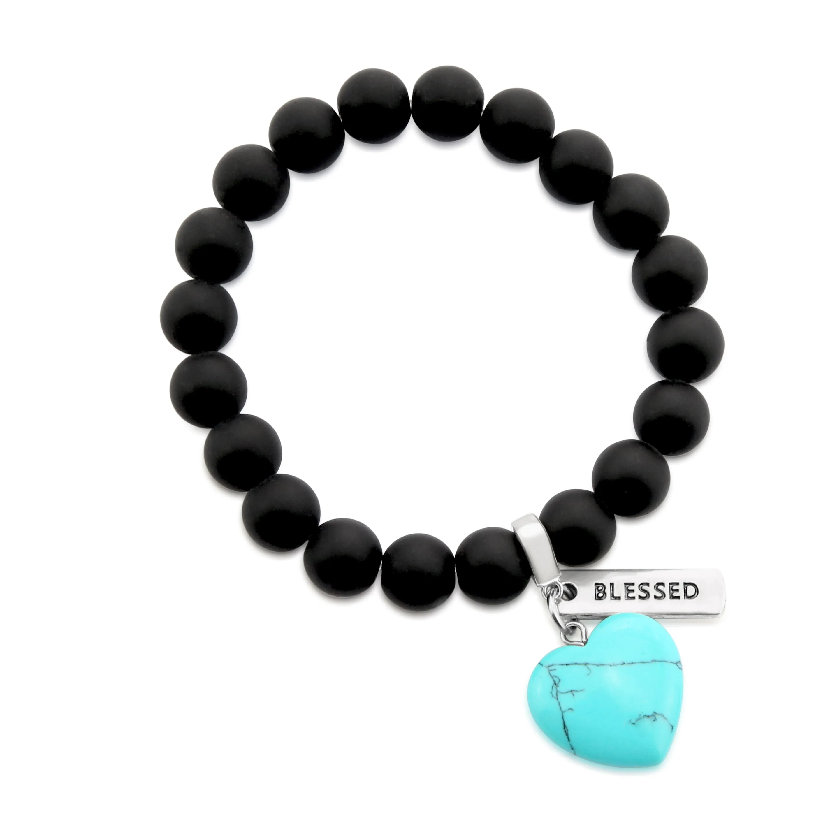 SWEETHEART Bracelet - 10mm MATT BLACK ONYX stone beads with TURQUOISE Heart & Word Charm