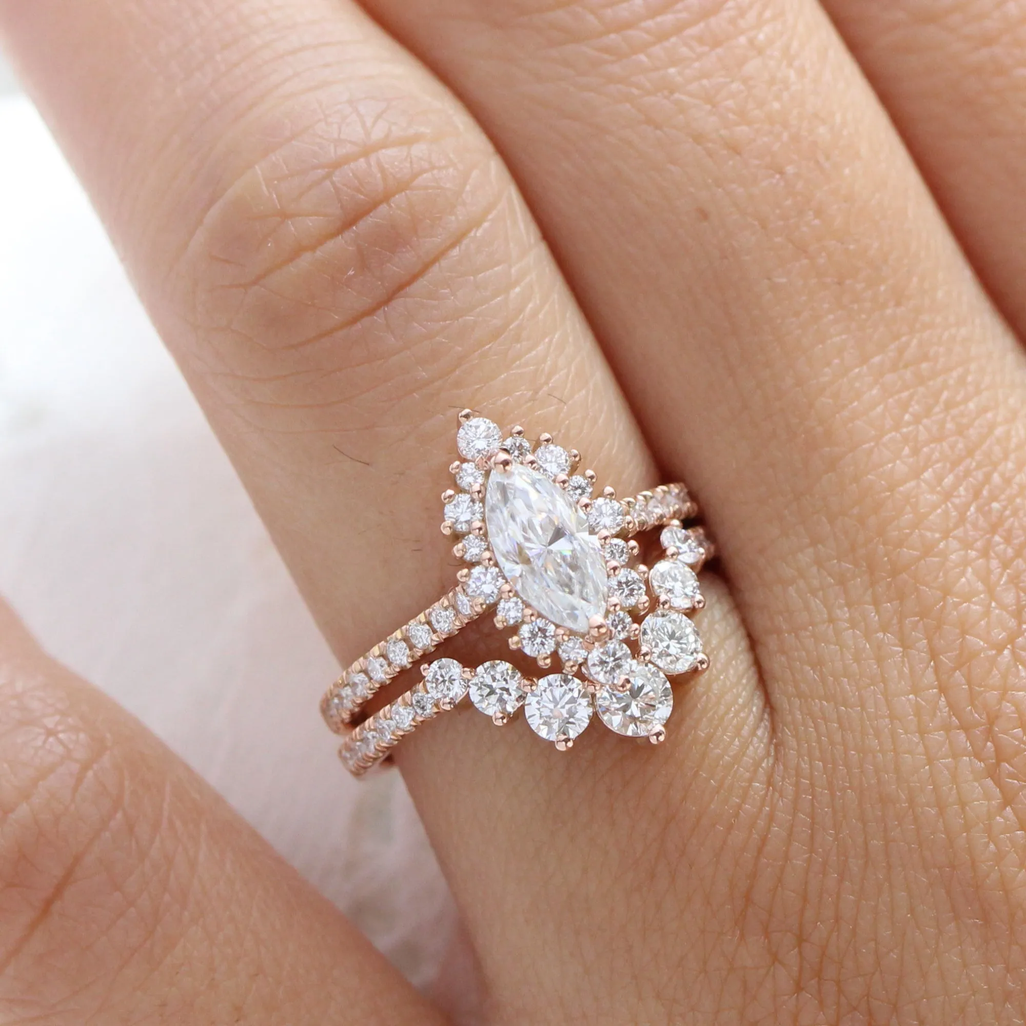 Tiara Halo Marquise Ring Bridal Set w/ Moissanite and Large 7 Diamond Pave Band