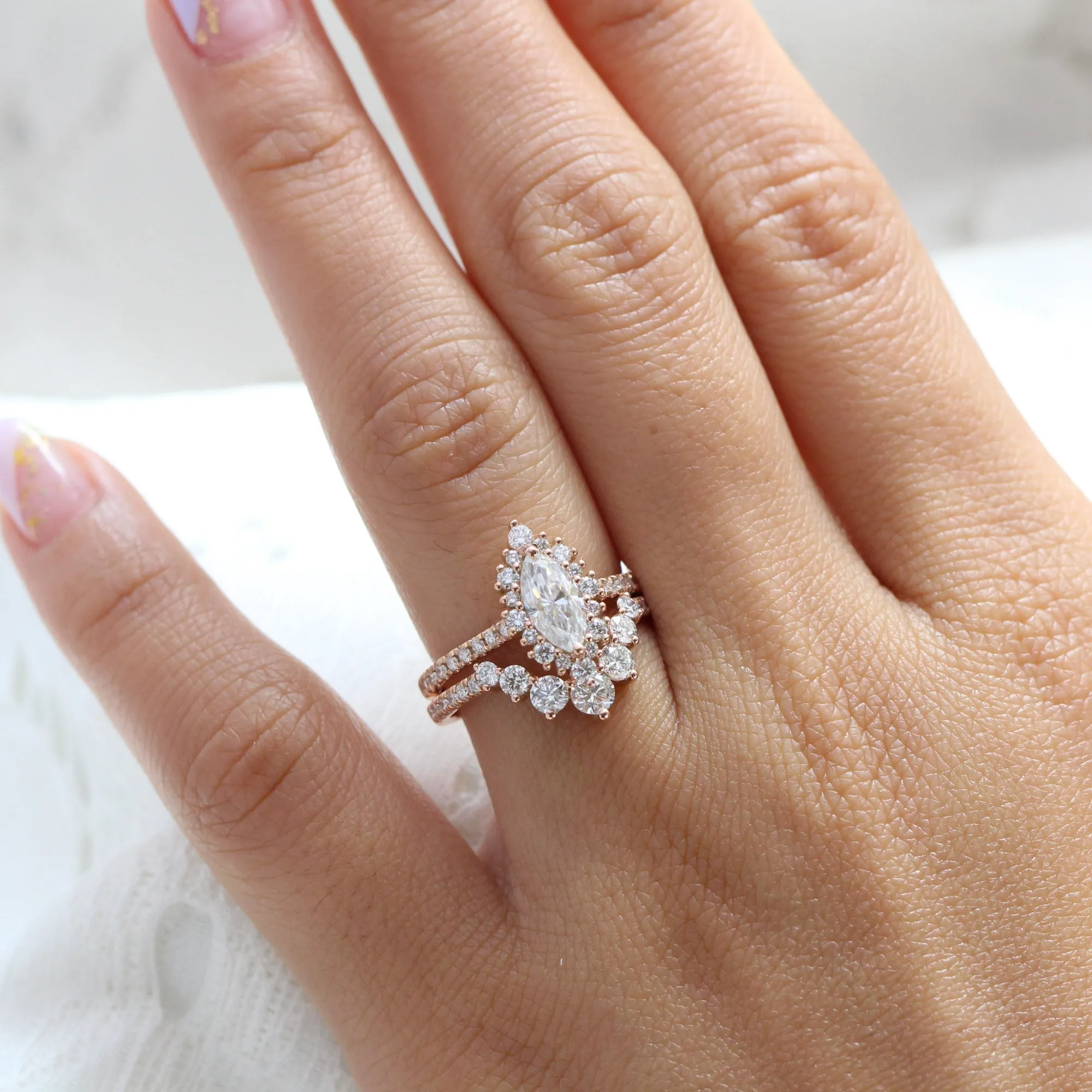 Tiara Halo Marquise Ring Bridal Set w/ Moissanite and Large 7 Diamond Pave Band