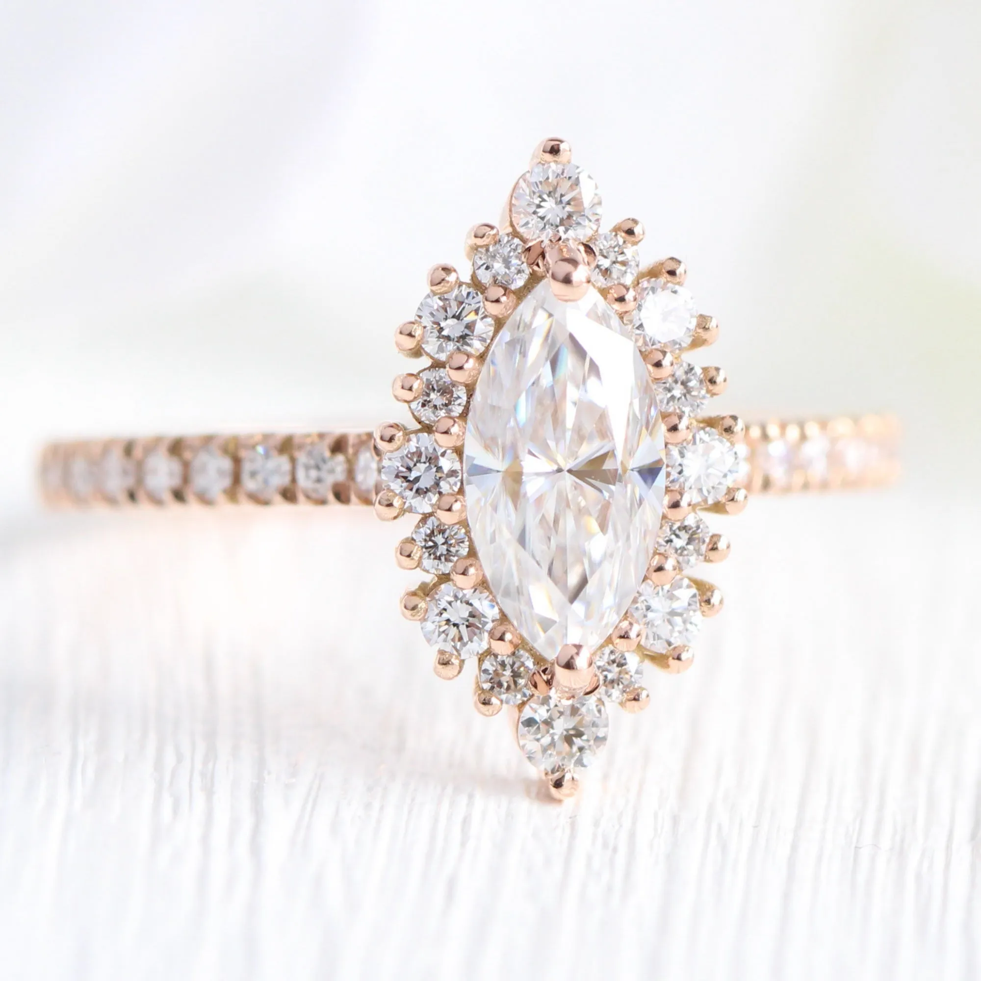 Tiara Halo Marquise Ring Bridal Set w/ Moissanite and Large 7 Diamond Pave Band
