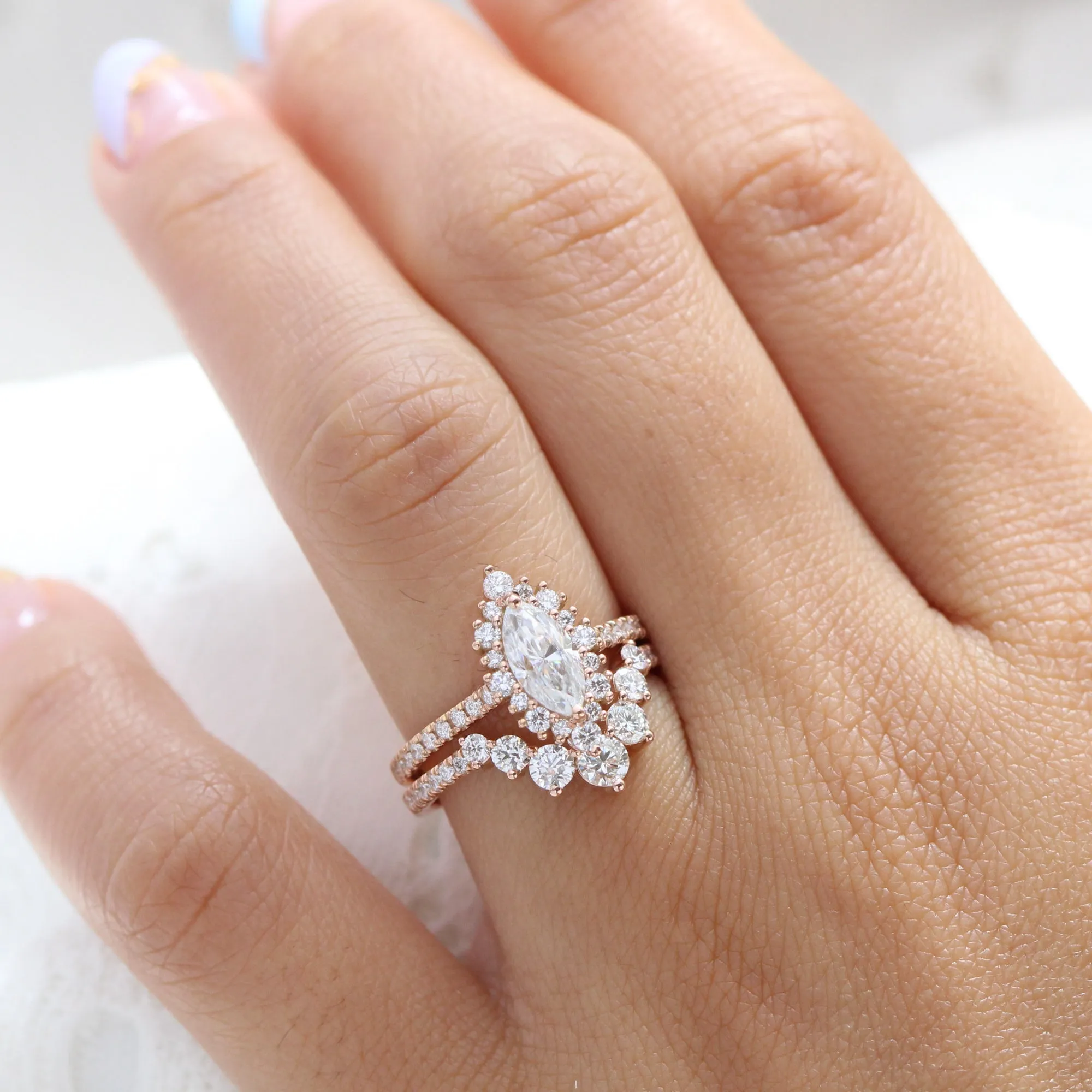 Tiara Halo Marquise Ring Bridal Set w/ Moissanite and Large 7 Diamond Pave Band