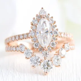 Tiara Halo Marquise Ring Bridal Set w/ Moissanite and Large 7 Diamond Pave Band
