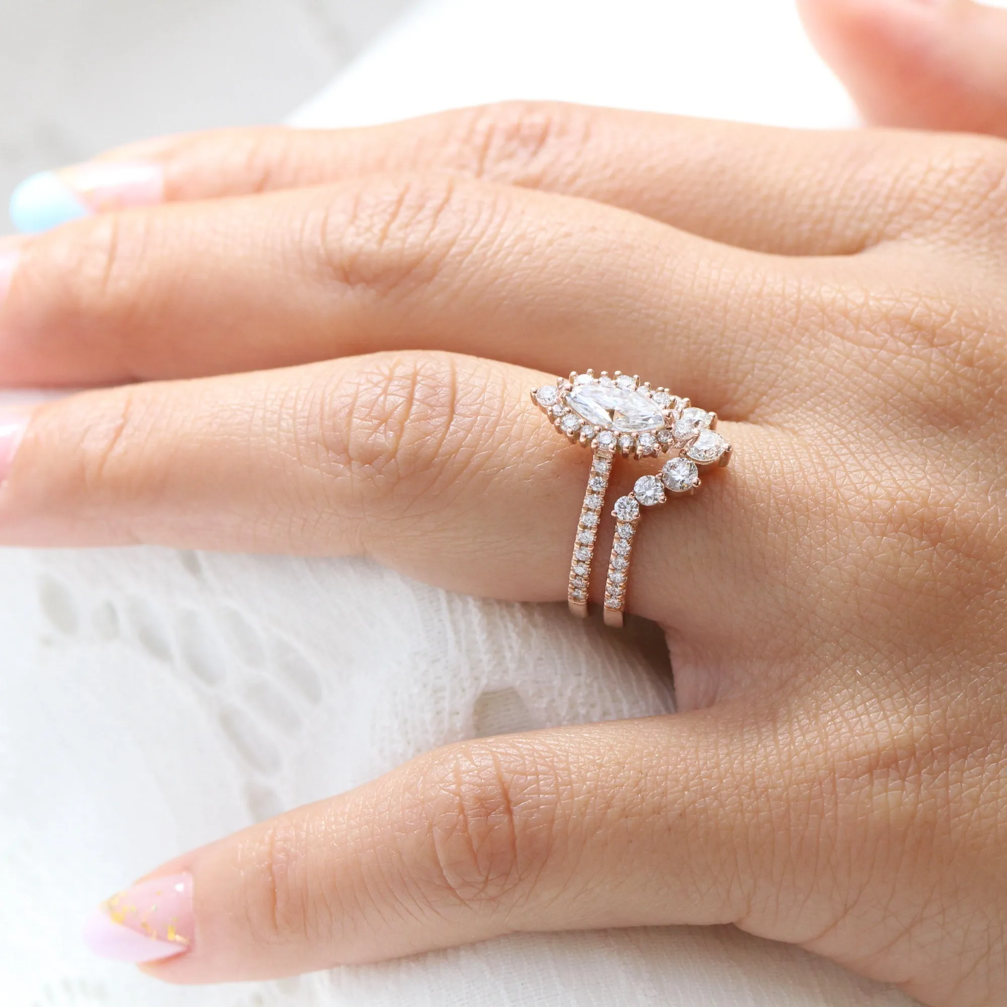 Tiara Halo Marquise Ring Bridal Set w/ Moissanite and Large 7 Diamond Pave Band