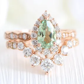 Tiara Halo Pear Ring Bridal Set w/ Green Sapphire and Large 7 Diamond Scalloped Band