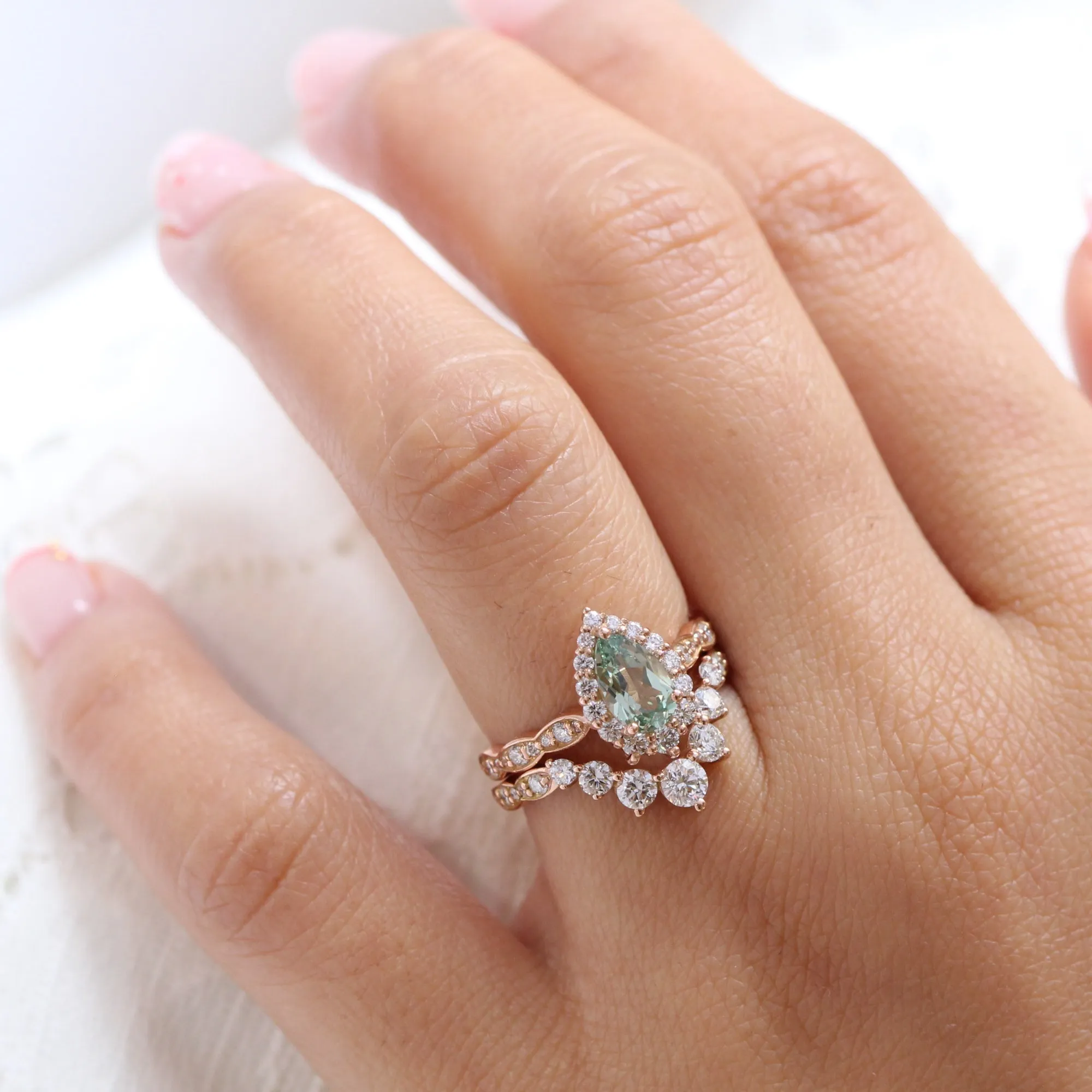 Tiara Halo Pear Ring Bridal Set w/ Green Sapphire and Large 7 Diamond Scalloped Band