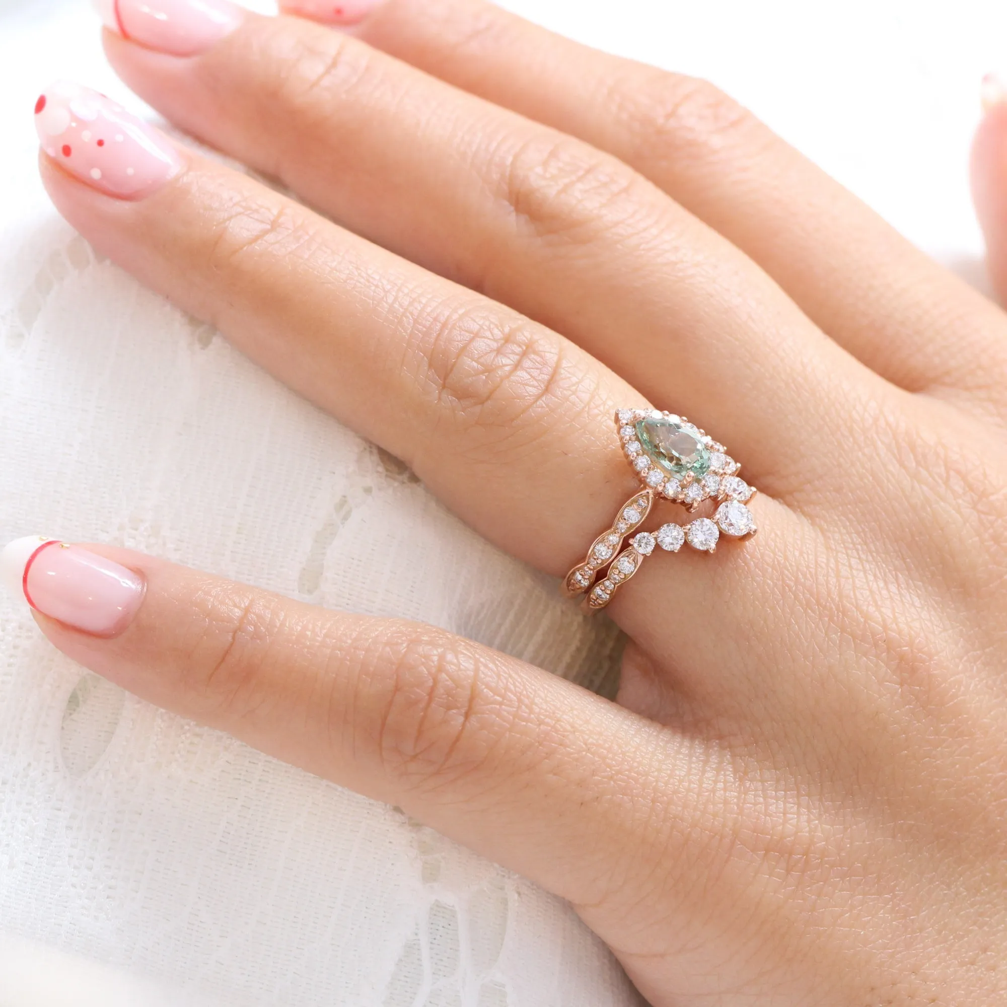 Tiara Halo Pear Ring Bridal Set w/ Green Sapphire and Large 7 Diamond Scalloped Band