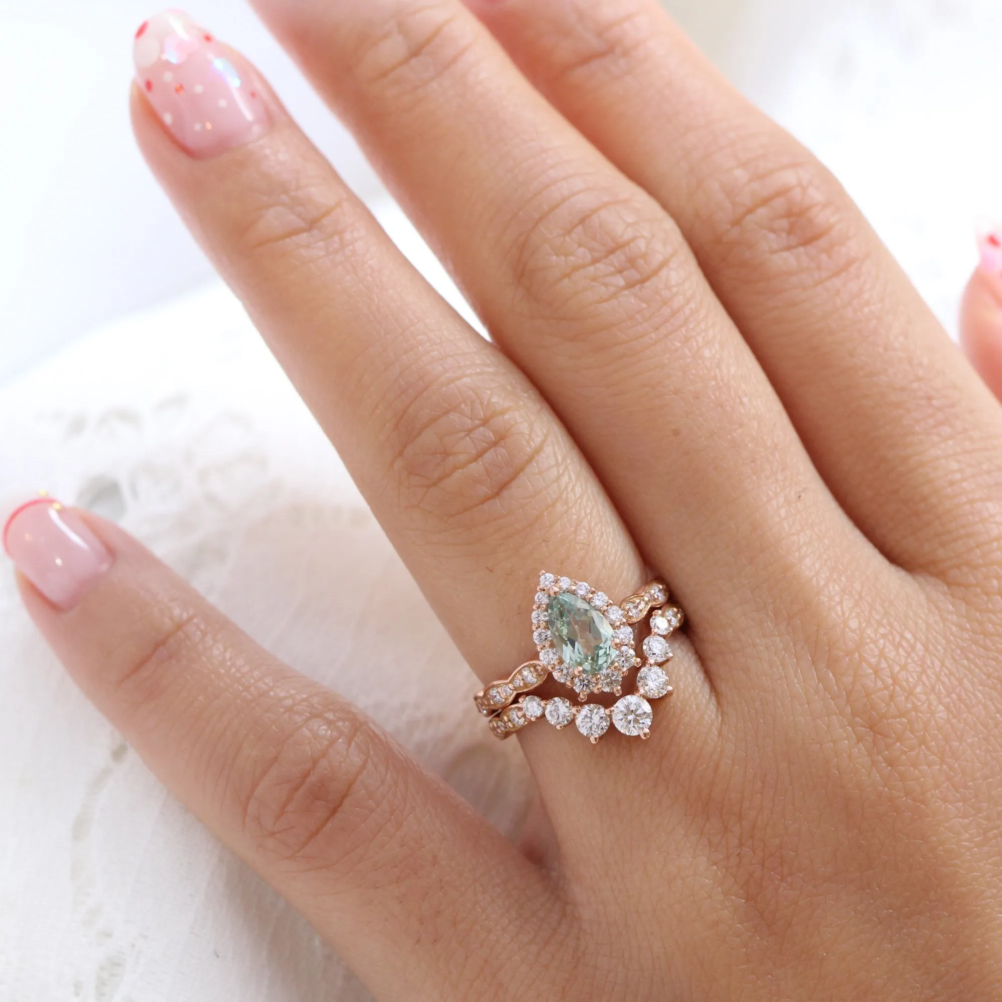 Tiara Halo Pear Ring Bridal Set w/ Green Sapphire and Large 7 Diamond Scalloped Band