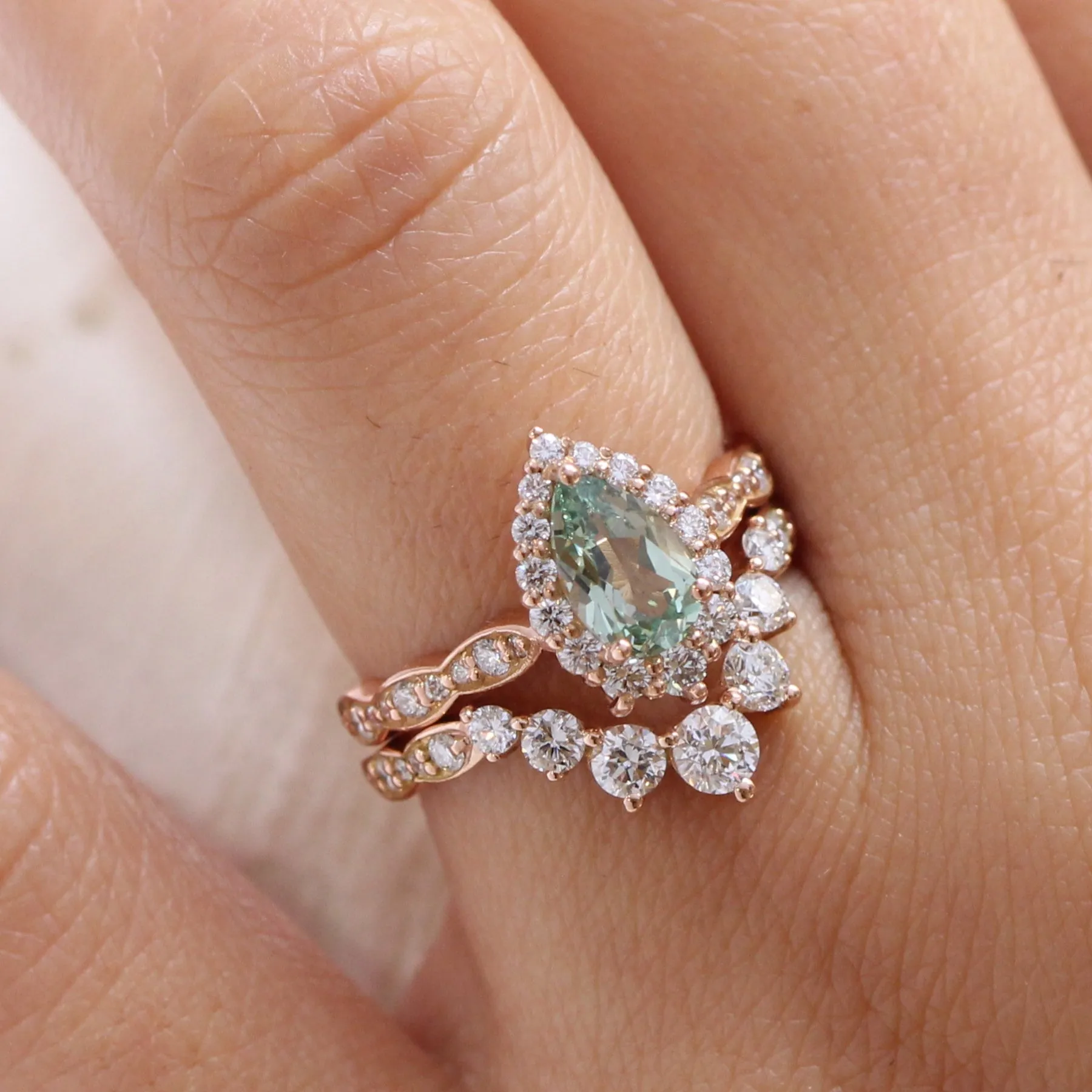 Tiara Halo Pear Ring Bridal Set w/ Green Sapphire and Large 7 Diamond Scalloped Band
