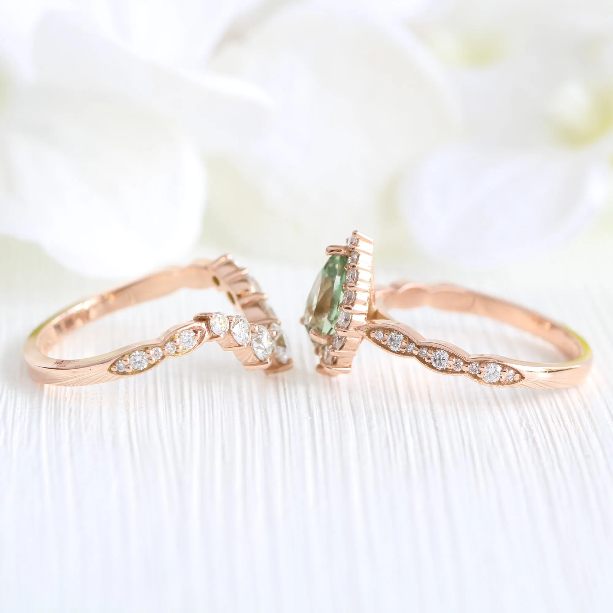 Tiara Halo Pear Ring Bridal Set w/ Green Sapphire and Large 7 Diamond Scalloped Band