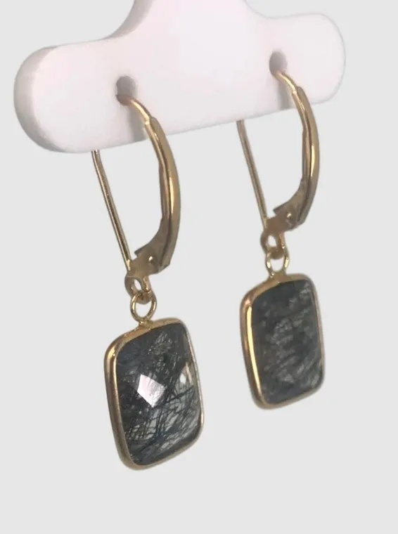 Tourmalinated Quartz Rectangular Bezel Earrings in 14KY - EAR-048-BZGM14Y-RUT-10