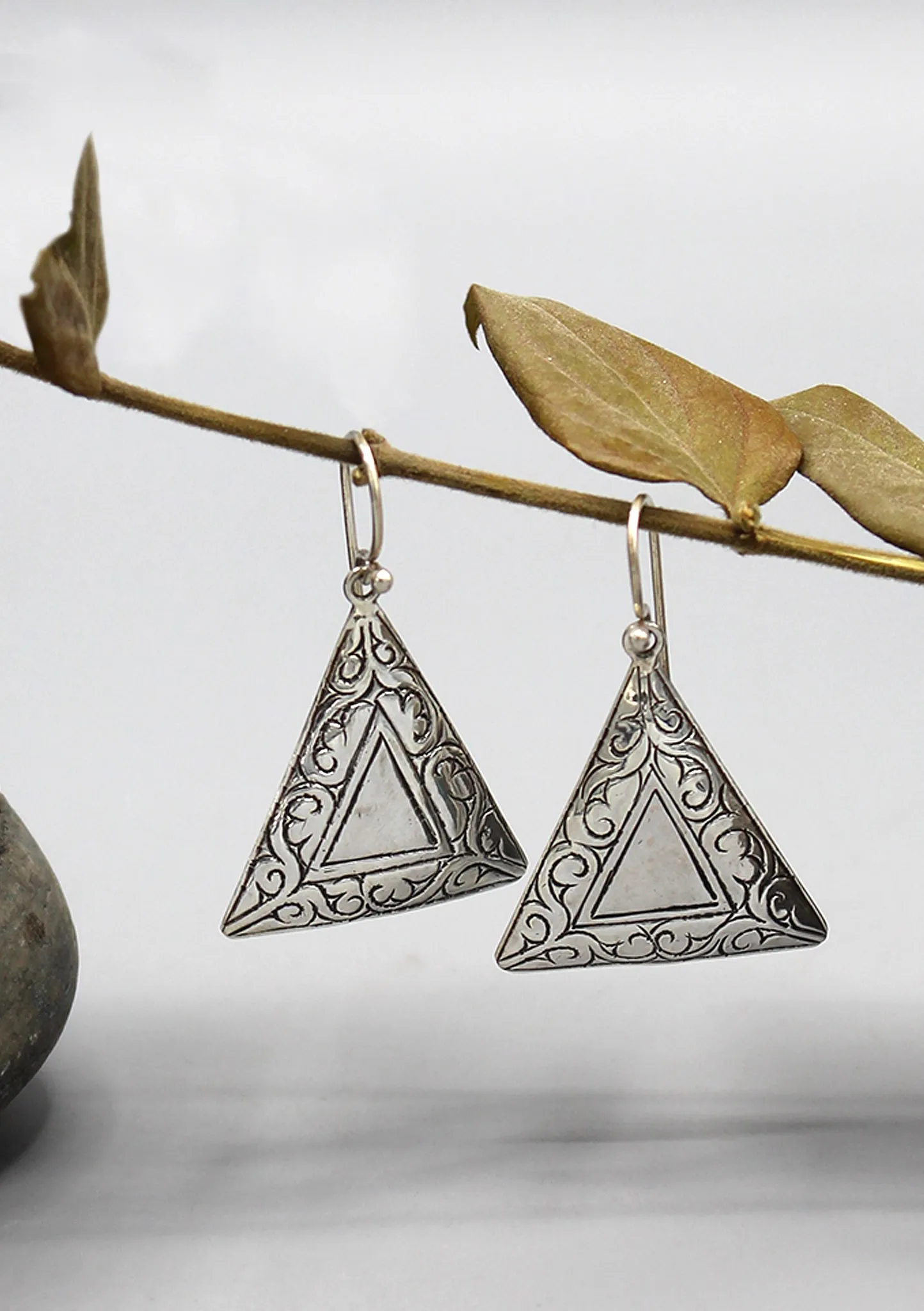 Traditional Triangle Hand Carved Silver Earrings