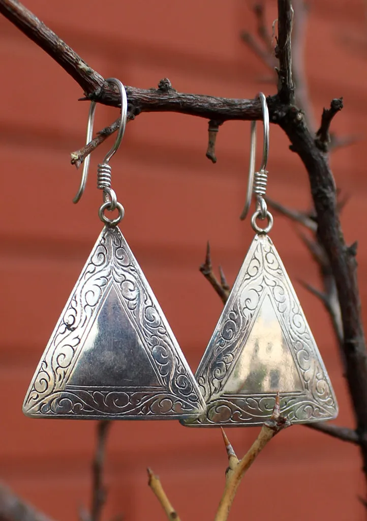 Traditional Triangle Hand Carved Silver Earrings