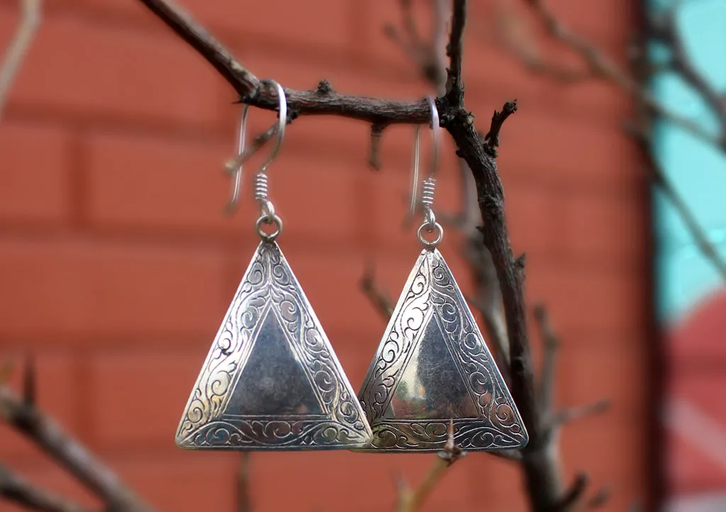 Traditional Triangle Hand Carved Silver Earrings