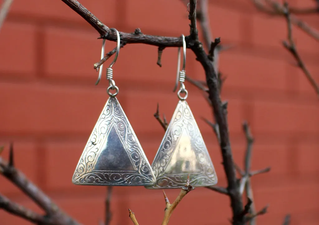 Traditional Triangle Hand Carved Silver Earrings
