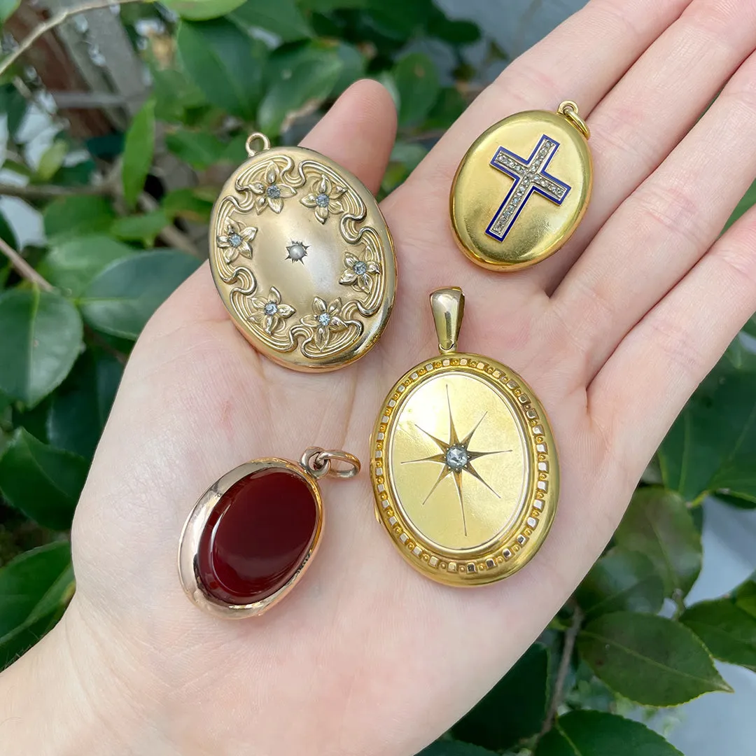 Victorian Diamond Enamel Cross 18K Gold Oval Locket