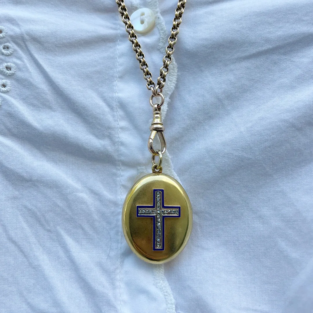 Victorian Diamond Enamel Cross 18K Gold Oval Locket
