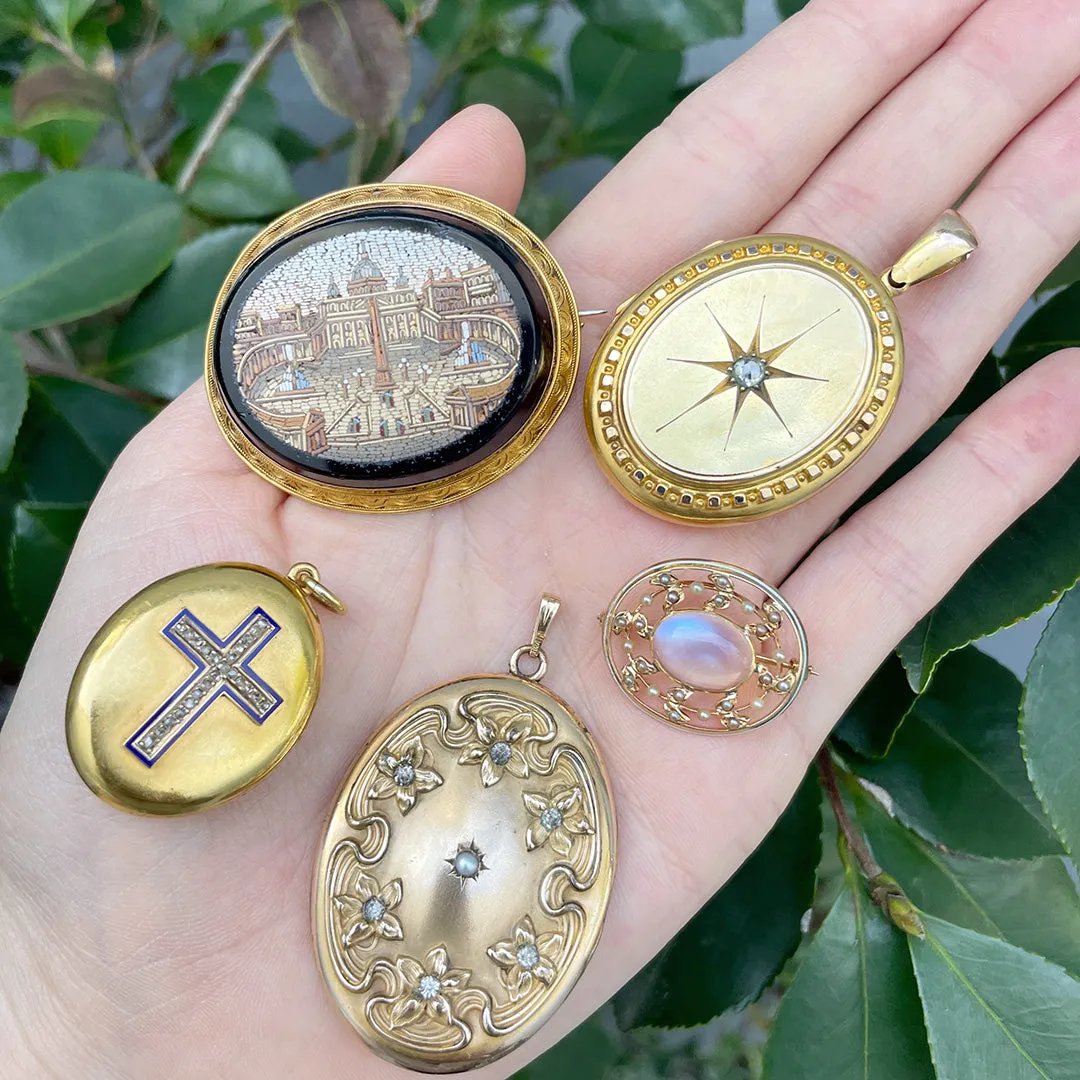 Victorian Diamond Enamel Cross 18K Gold Oval Locket